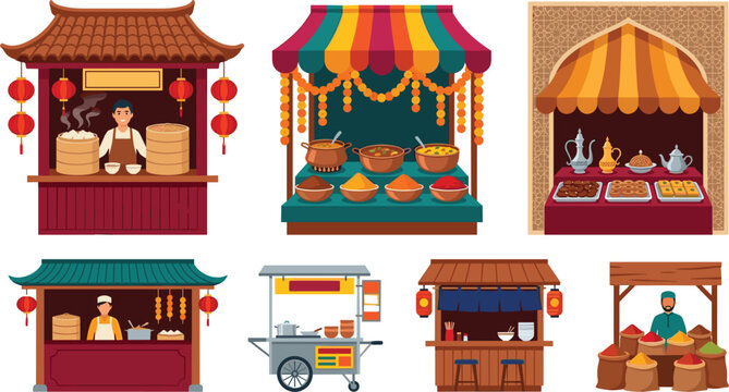  Traditional street food stalls vector collection featuring Asian dim sum cart Indian spice bazaar and Middle Eastern dessert market kiosks