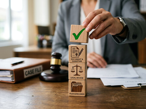 Lawyer stacking wooden blocks with check