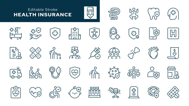 Medical insurance outline icons. Health insuranse, medical protection, safety, diagnostics, clinic services for medical care, doctor and more. Line icon in linear style. Vector collection	