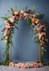 Fototapeta premium Wedding arch with colorful flowers, romantic ceremony decoration, event planning and celebration background