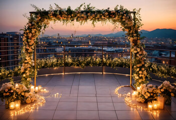 Fototapeta premium Rooftop wedding ceremony arch with floral decorations and city skyline at sunset, romantic event and celebration venue