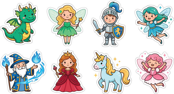 Cute fairytale sticker vector set featuring cartoon dragon fairy knight wizard princess and unicorn characters for kids scrapbook and notebook decorations