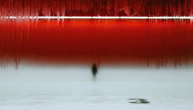 Abstract red drips descend onto a blurred figure on a white surface