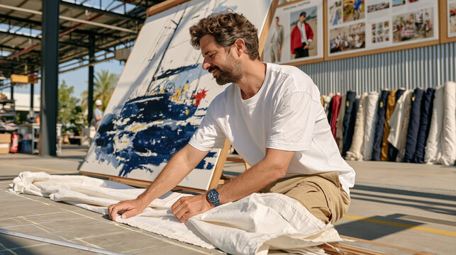 Sailmaker stretching heavy canvas across a steel framed industrial loft floor, wide establishing shot of the vast workspace with measuring tape lines chalked on concrete, bolts of fabric stacked alo