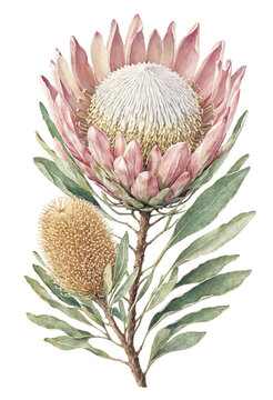 Watercolor king protea and banksia exotic flowers isolated on transparent background