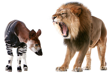 Naklejka premium Okapi and lion roaring in a confrontation scene