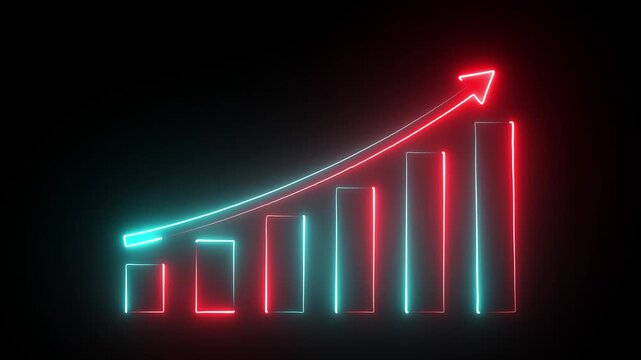Digital business bar chart animation with steadily rising arrow and dotted trend line. Illustrating strong revenue growth, business success arrow concept. 