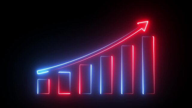 Digital business bar chart animation with steadily rising arrow and dotted trend line. Illustrating strong revenue growth, business success arrow concept. 