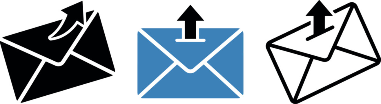 Email sending icons in black blue and outline styles on white background for digital communication