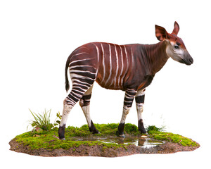 Naklejka premium Okapi standing on grassy mound with puddle and plants isolated on white background