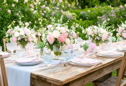 Outdoor garden party table setting, elegant wedding reception decor with pink and white flowers, rustic wooden table for celebration event
