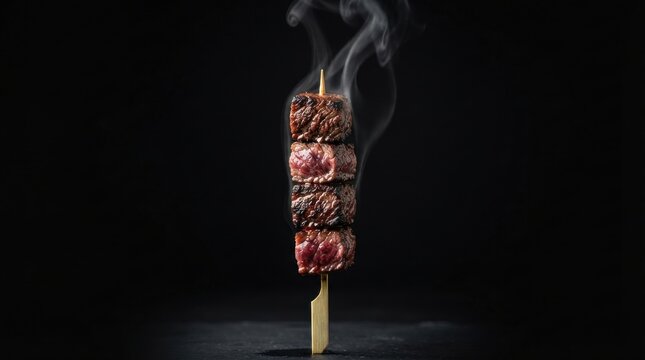 A single skewer featuring four cubes of seared, steaming beef against a dark background