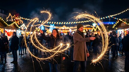 Fototapeta premium Vibrant Night Market Celebration with Sparkler Light Trails.