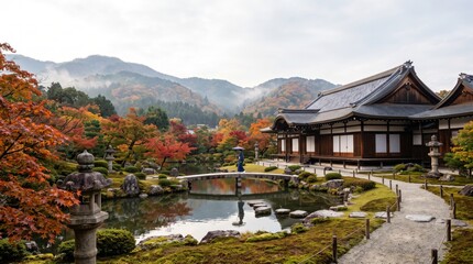 Fototapeta premium Peaceful japanese garden showcasing vibrant autumn leaves traditional buildings and a calm reflective pond