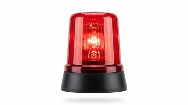 Bright red emergency alarm strobe beacon light with dark base isolated against plain white background.