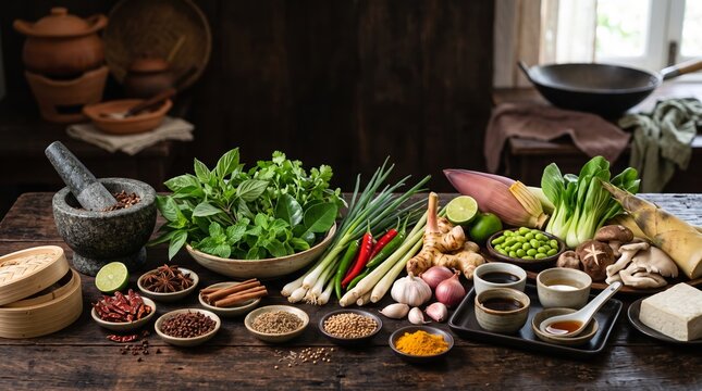 Fresh ingredients for cooking asian cuisine featuring herbs spices and vegetables on a rustic wooden table