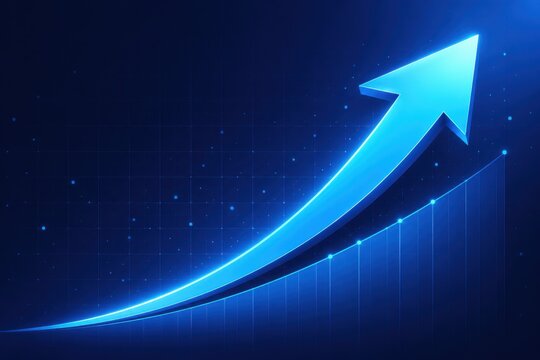 Bright blue glowing arrow pointing up on a dark digital grid background