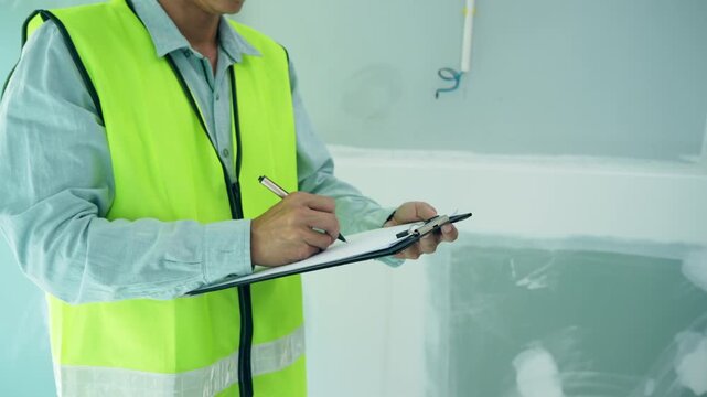 inspector or engineer is inspecting construction and quality assurance new house using a checklist. Engineers or architects or contactor work to build the house before handing it over to the homeowner