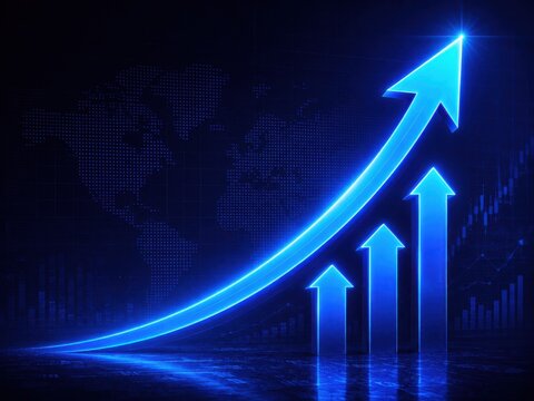 Blue glowing business arrow graph showing financial growth and success