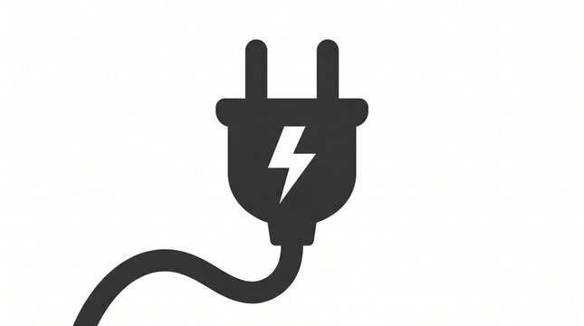 Minimalist black electrical plug icon featuring lightning bolt symbol isolated on clean white background