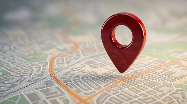 Red location pin marker hovering above generic street map representation on abstract background.
