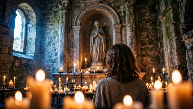 Religious woman praying inside ancient stone chapel surrounded by glowing candles and holy statues.