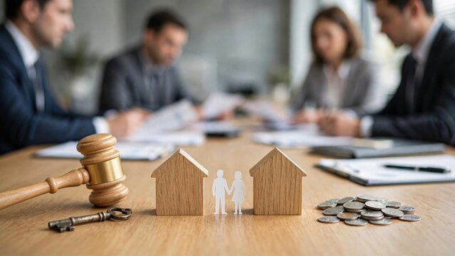Divorce and property division concept with wooden house models gavel and coins on office boardroom.