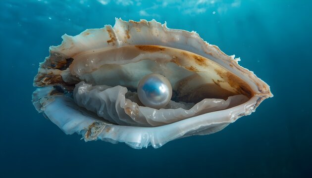 Blue water cradles a pearl within an open oyster shell