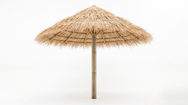 Tropical straw beach umbrella isolated on white background providing shade for summer vacation trips.