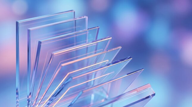 Abstract composition of multiple transparent glass plates stacked on soft blue and purple background.