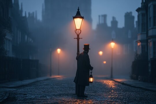 Evening lamplighter tending antique lamps along a quiet historic street with soft city glow