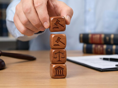 Lawyer stacking wooden blocks with icons