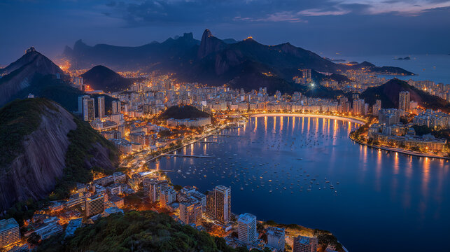 Rio de Janeiro skyline viewed from Sugarloaf Mountain at blue hour, city lights reflecting on Guanabara Bay, ultra realistic, premium travel photography, HDR, no people