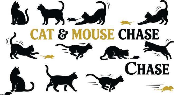 Black silhouettes of cats chasing mice on a white background