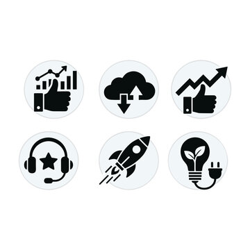 Business, innovation, and progress icons set depicting company growth, startup launch, cloud computing, customer support, and sustainable green energy solutions