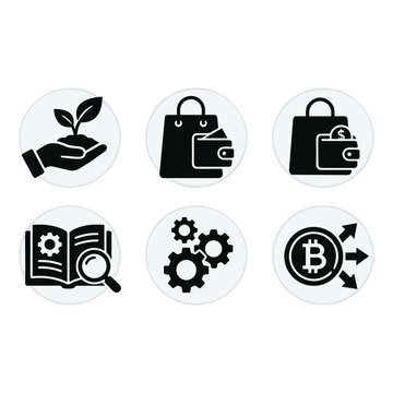 Business and finance related icons depicting concepts of financial growth, investment, shopping, strategic research, operational development, and cryptocurrency trading