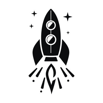Rocket ship launching, representing innovation, progress, business startup, exploration, and future growth in a simple black and white graphic icon illustration