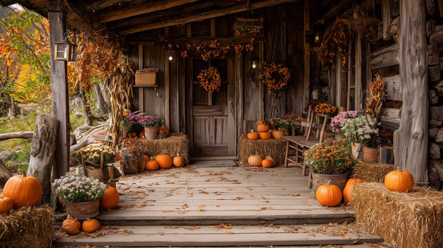 Rustic cabin porch decorated with pumpkins, lanterns, hay bales, autumn wreaths and colorful foliage, peaceful seasonal celebration, ultra realistic, empty scene, no people