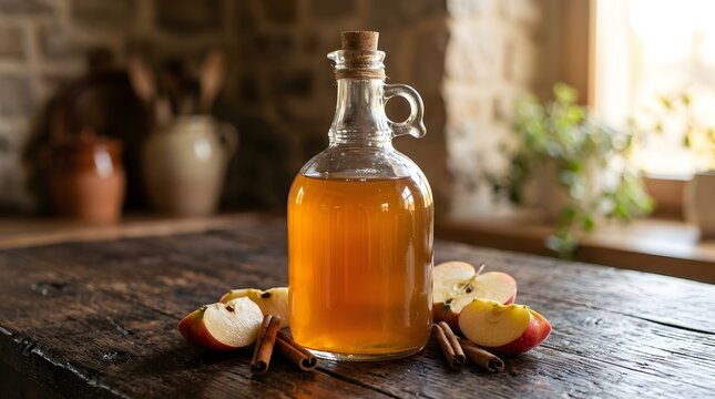 Apple cider vinegar bottle with cinnamon sticks and apple slices for health and cooking.