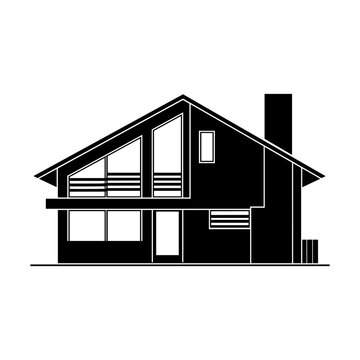 Black and white silhouette of a modern house with an angled roof and large windows, illustrating residential architecture, home ownership, property development, and urban planning