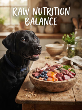 Black Labrador dog sitting beside bowl filled with raw meat and fresh berries