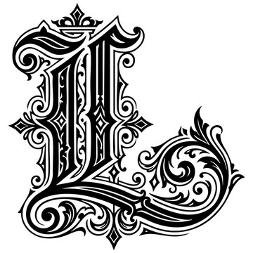 Vintage gothic letter l monogram vector illustration with ornate flourish and baroque calligraphy design letter l monogram