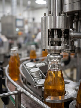Rotary bottle capper machine sealing glass bottles with juice