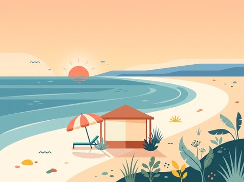 Summer coastal beach landscape with sunset and cabana vector