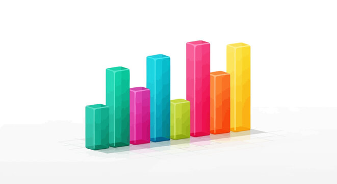 Colorful vertical bar chart vector illustration. Pastel 3D rectangular blocks on white background. Abstract data visualization set for business infographic, financial report