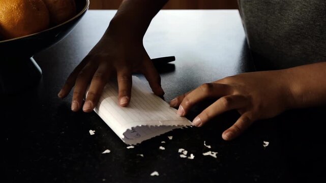 Teenage Boy Folding Handwritten Letter And Cleaning Paper Scraps On Table - 4K