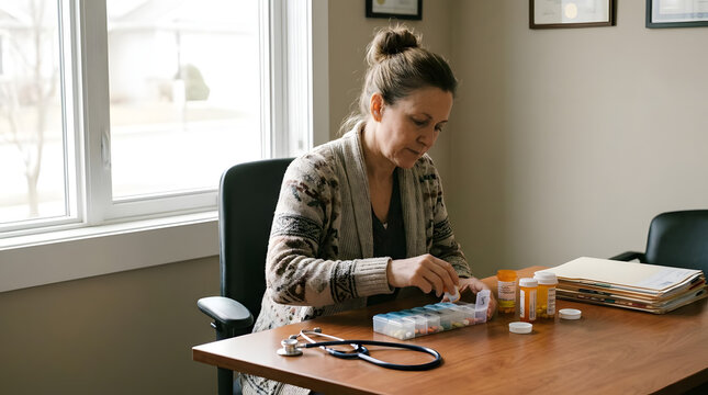 Woman organizing daily pills in weekly organizer.