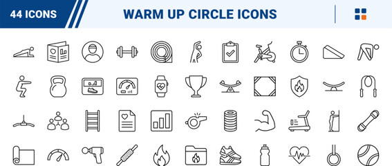 Naklejka premium Warm Up Circle line icon set. Vector pictograms of fitness, stretch, exercise, and mobility elements, thin linear illustration.