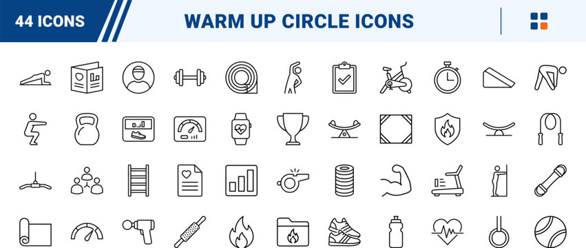 Warm Up Circle line icon set. Vector pictograms of fitness, stretch, exercise, and mobility elements, thin linear illustration.