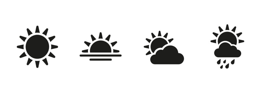 Weather icons set featuring sun sunrise partly cloudy and rainy conditions in black silhouette